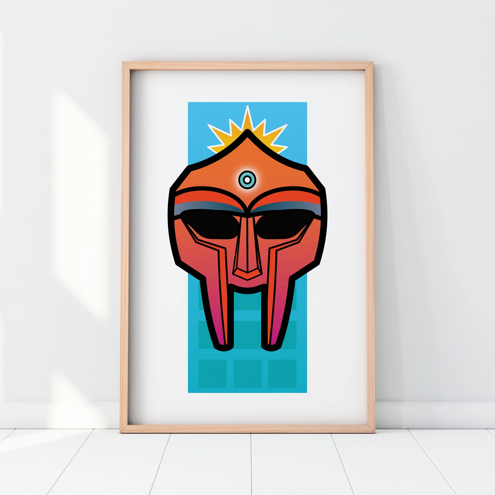 MF DOOM giclee print with orange, blue and turquoise geometric mask artwork.