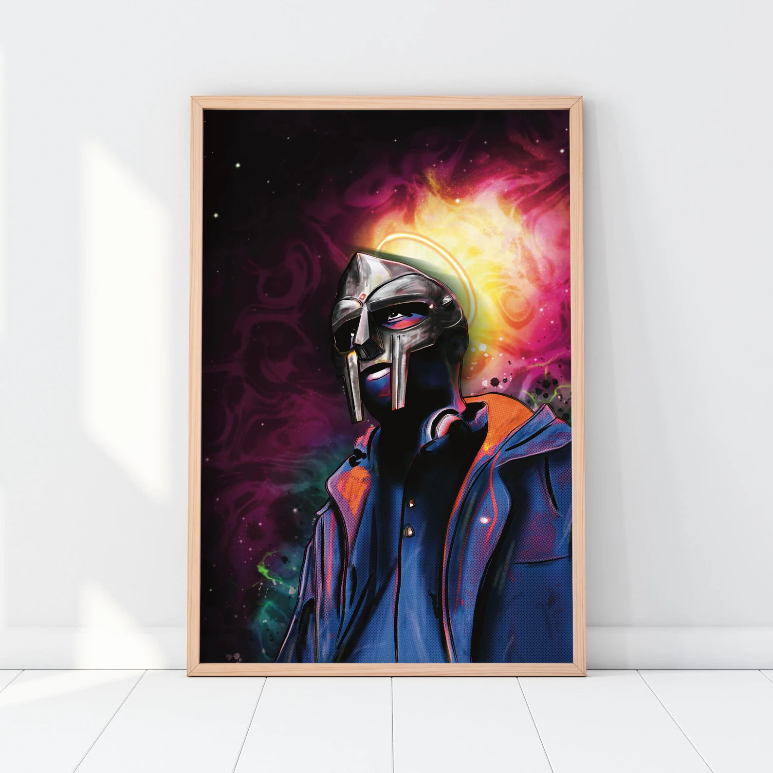 Iconic MF DOOM portrait giclee print with cosmic purple and yellow background.