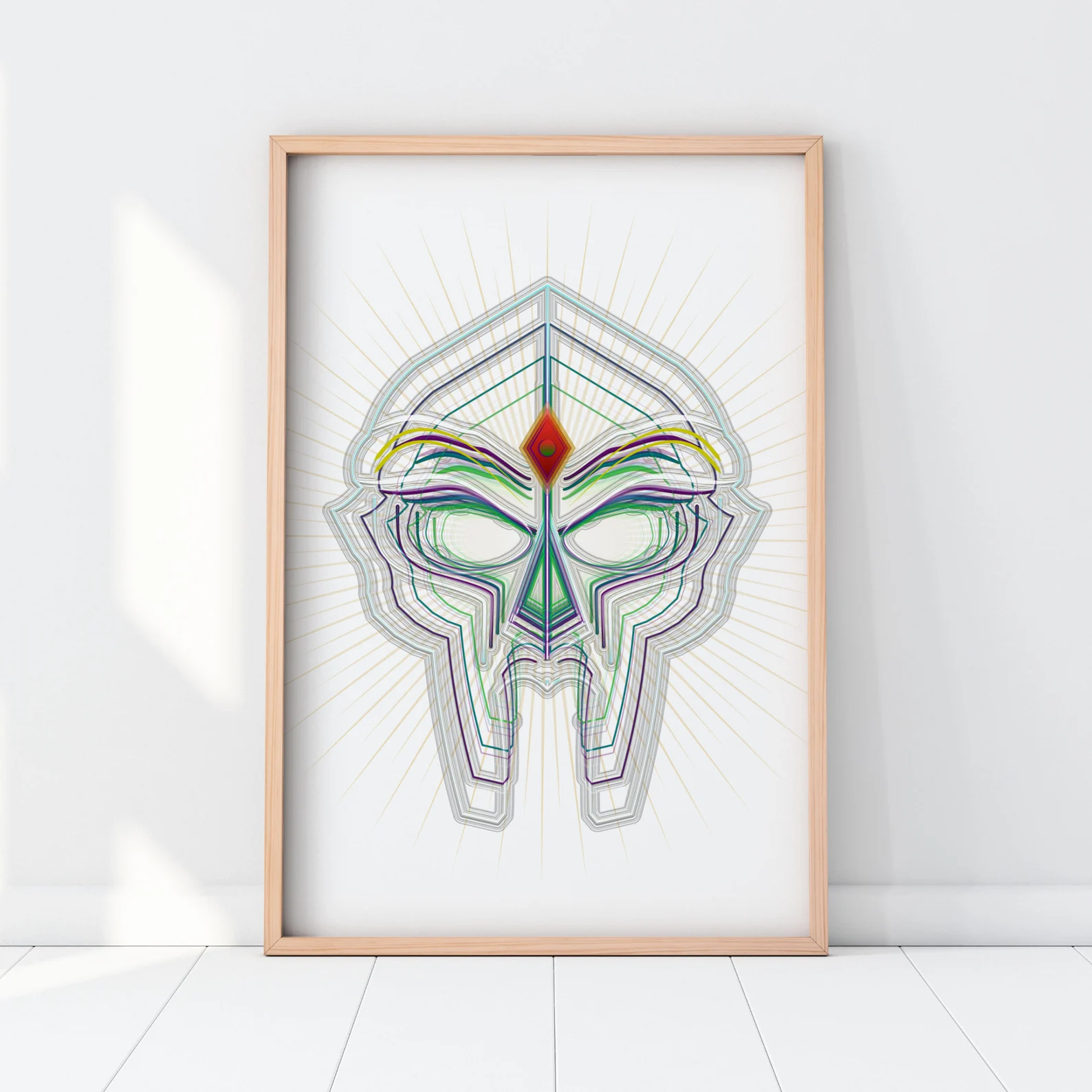 White MF DOOM giclee poster with geometric mask linework.