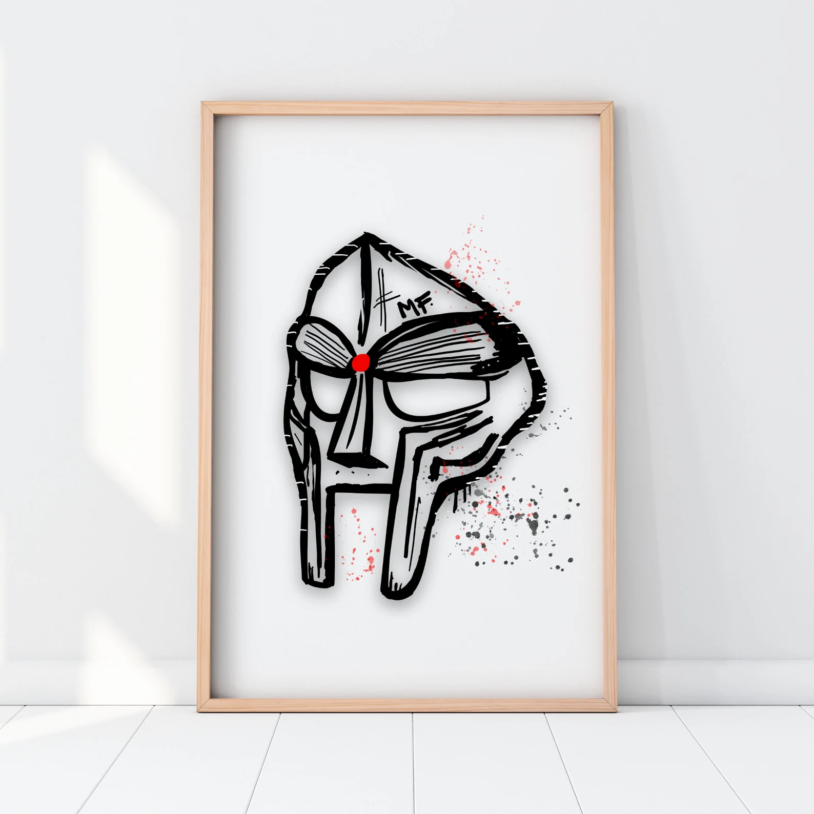 White MF DOOM poster with black mask linework and red splatter details.